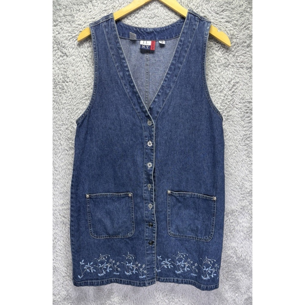 J.L. N.Y. Sport Vintage Denim Jumper Dress Medium Wash Floral Embroidered Size M
